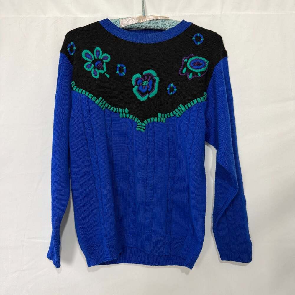 Koret Blue Cable Knit Embroidered Crewneck Sweater Wool Blend Vintage Small